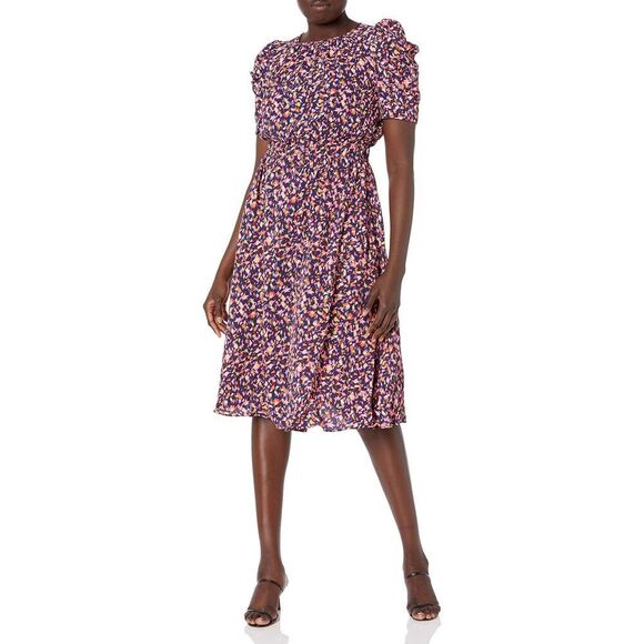 London Times Women's Pleated Jewel Neck Ruched Sleeve Inset Waist Midi 6 Navy/O - Picture 1 of 15